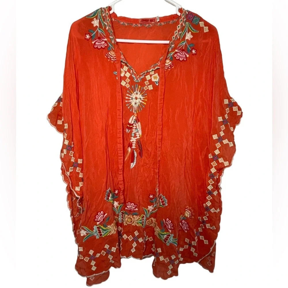 Johnny Was Orange Coral Dakota Embroidered TieNeck Poncho Top Size Medium Floral